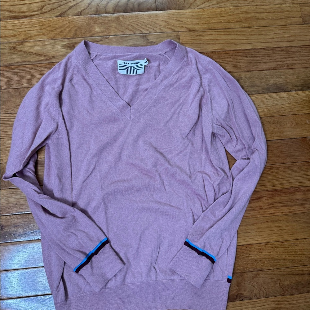 Tory Burch Pink V-Neck Sweater with Blue Accents